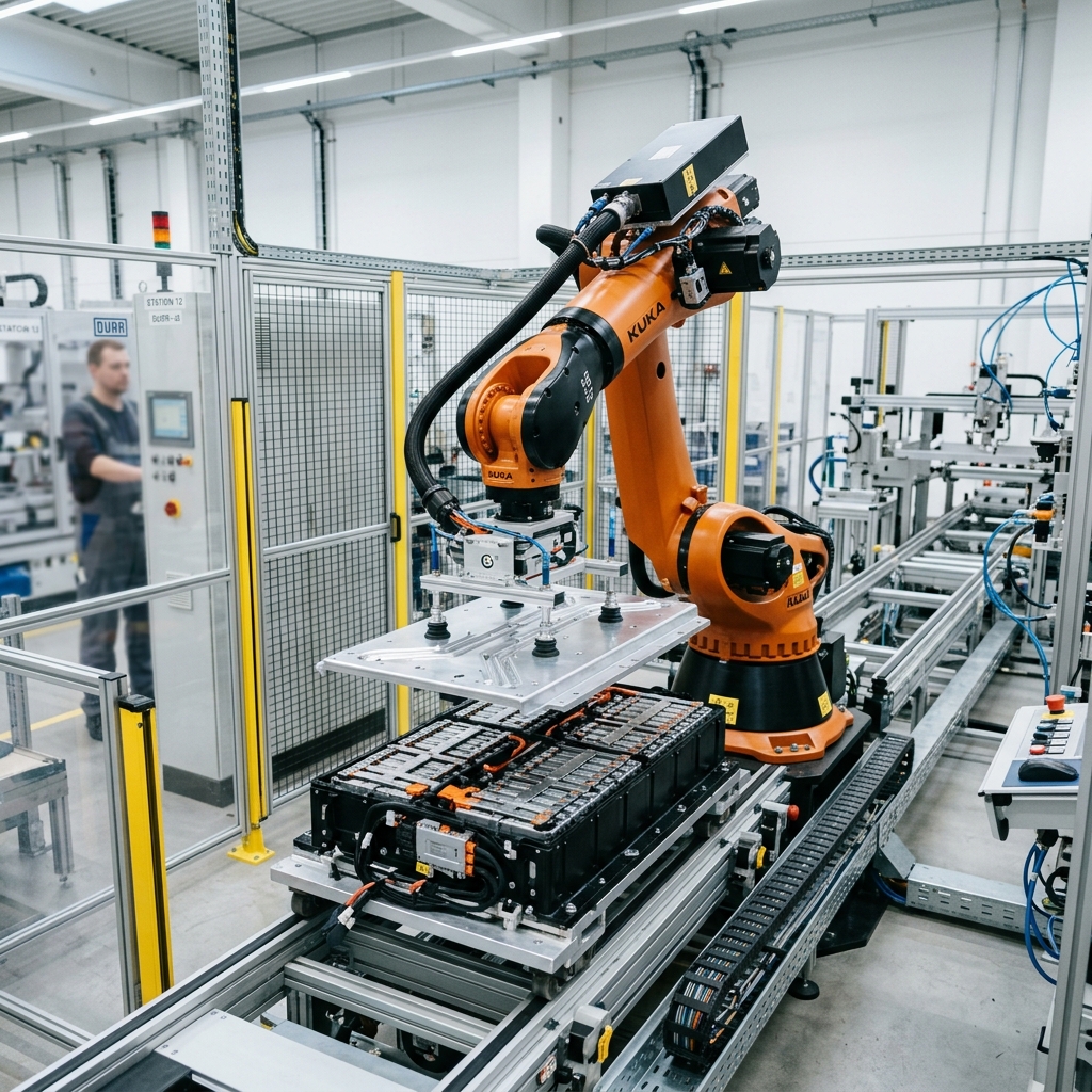 Robotic arm placing a cooling plate onto an electric vehicle battery module inside an automation bay.