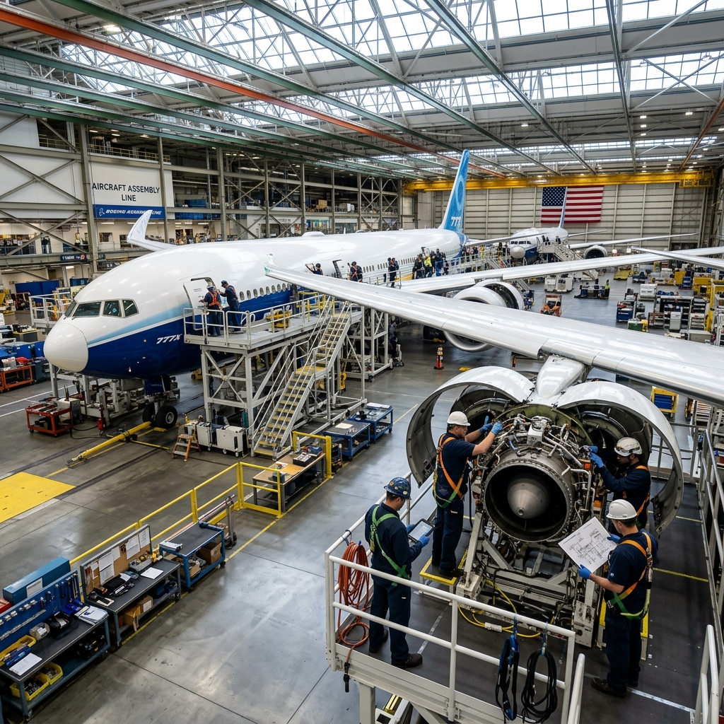 Aerospace manufacturing floor with precision CNC machining equipment and quality inspection stations