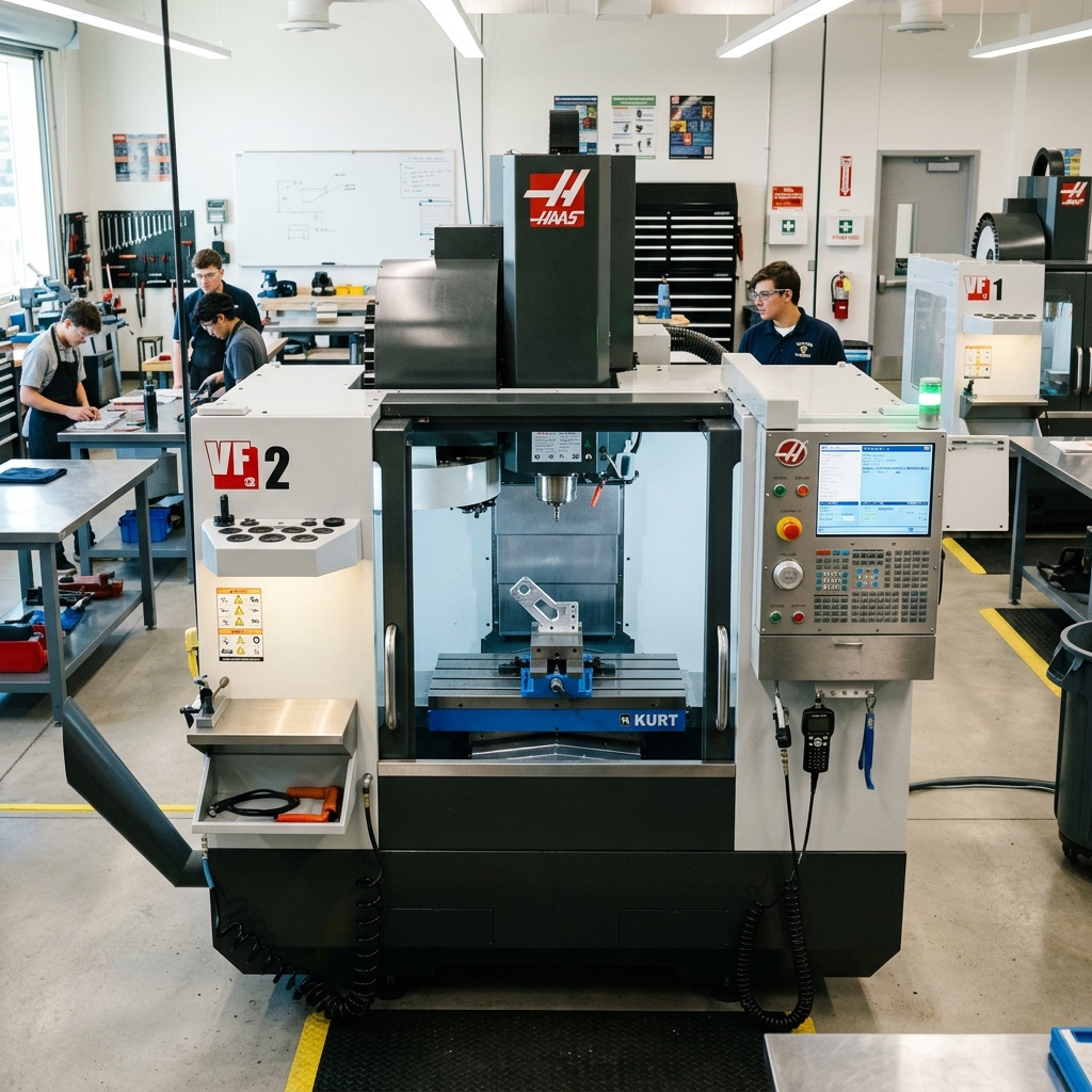 Modern CNC machining center in a high school vocational training facility with safety shields and workpiece fixtures visible under bright overhead lighting