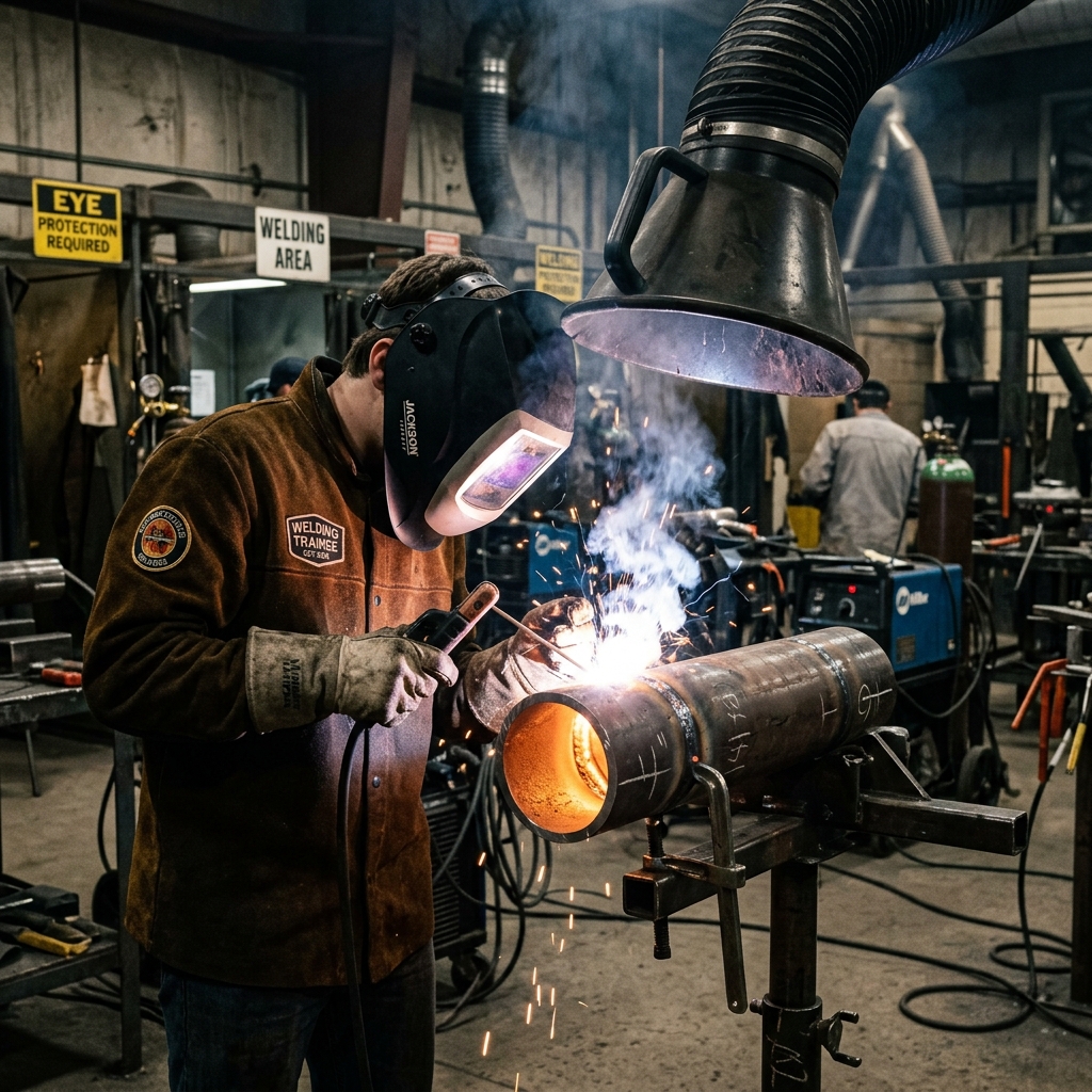 Welder in protective gear performing ASME-certified pipe welding in an industrial training bay with visible weld puddle and safety equipment