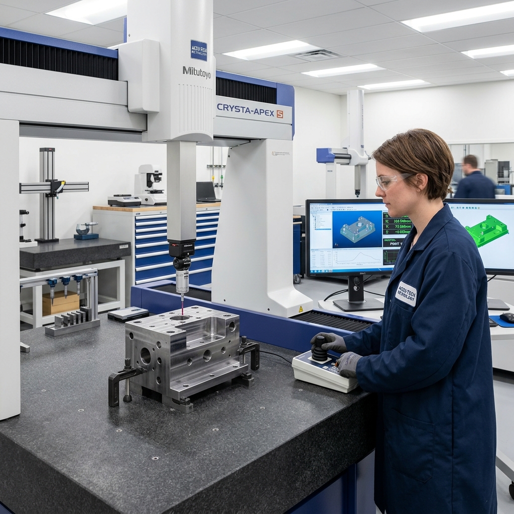 Quality inspector using a coordinate measuring machine to verify dimensions on a machined metal component in a climate-controlled metrology laboratory