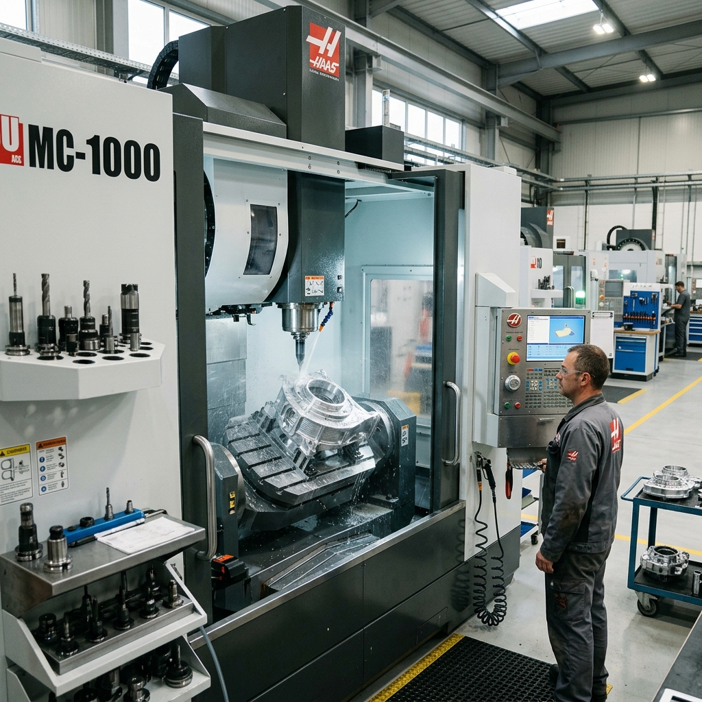 Modern 5-axis CNC machining center in industrial manufacturing facility