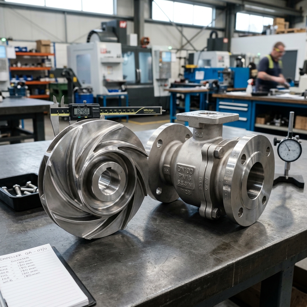 Realistic close-up photo of a machined stainless steel pump impeller and heavy-duty valve body on a quality inspection table.
