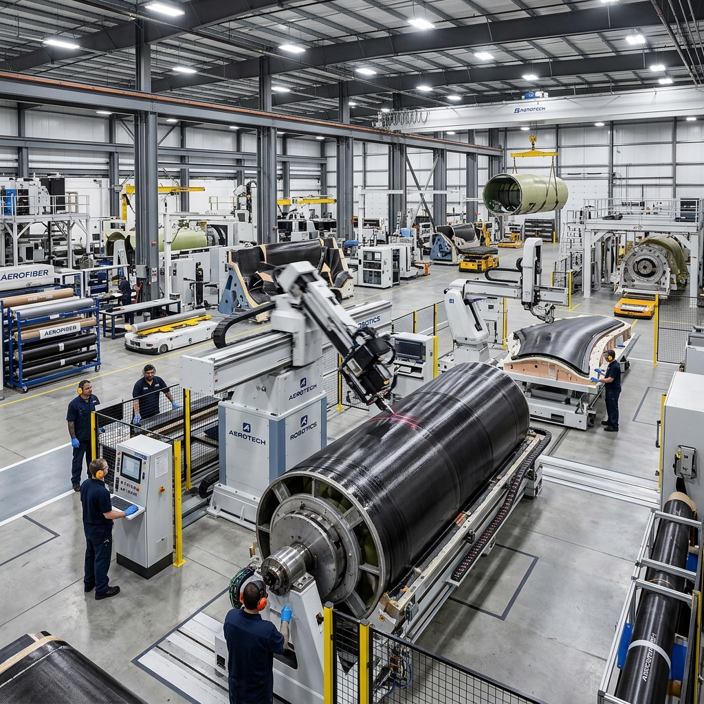 Aerospace composite manufacturing facility with large-scale CNC equipment and automated production systems