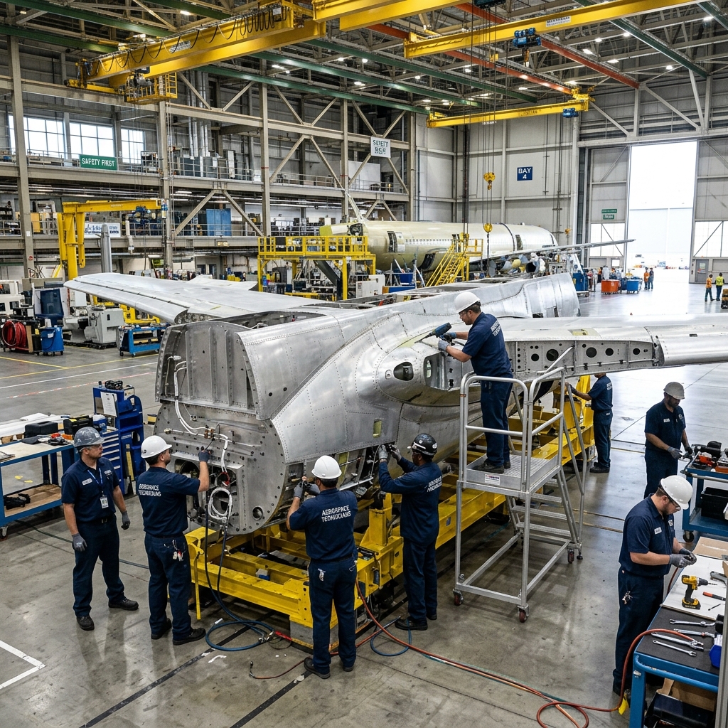 Aerospace assembly hangar floor with technicians working on an aluminum wing component.