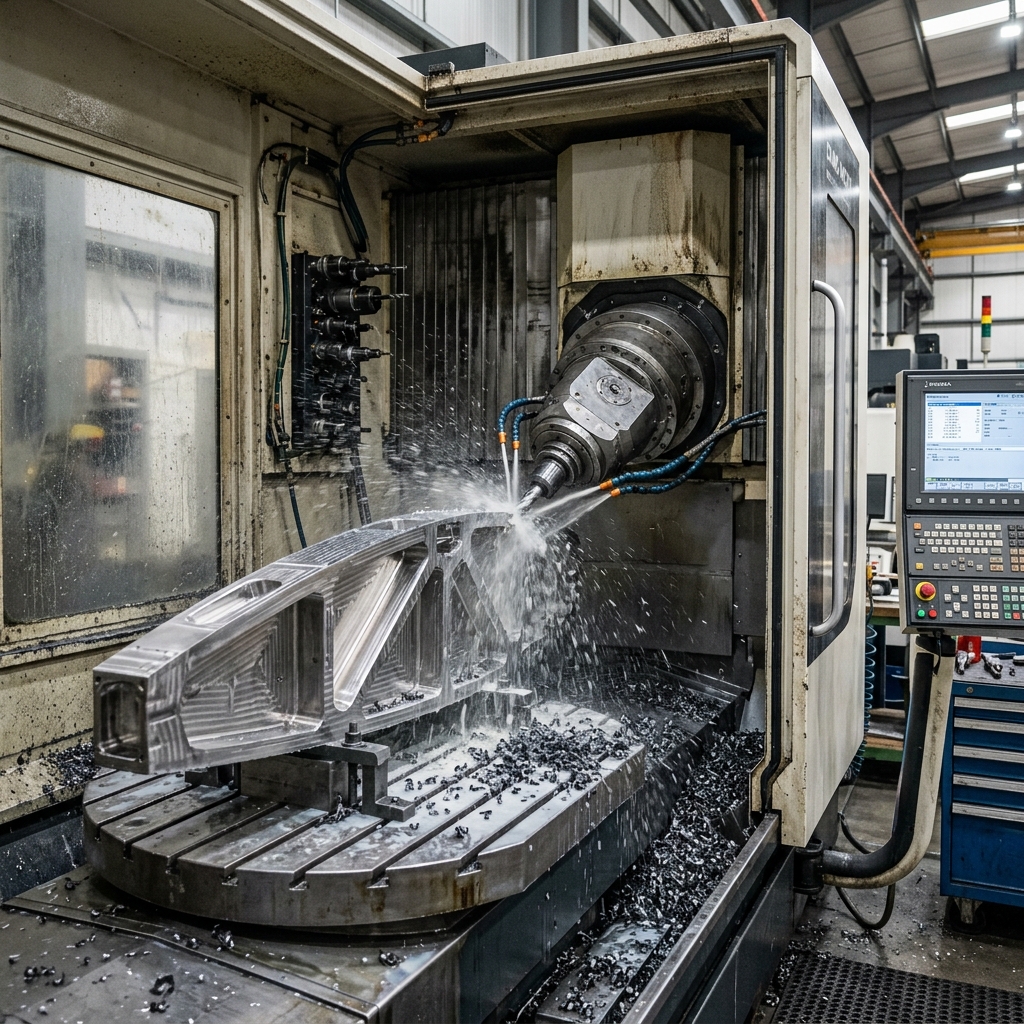 A high-precision 5-axis CNC mill cutting a titanium aircraft fuselage rib component with high-pressure coolant fluid.