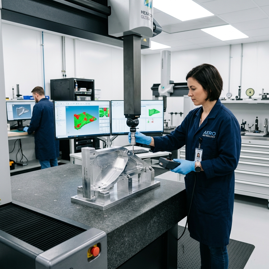 An inspector using a high-precision coordinate measuring machine (CMM) probe to verify a machined wing bracket.