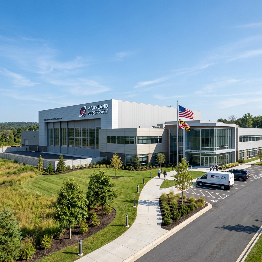 The exterior of the modern Maryland Aerospace spacecraft production facility.