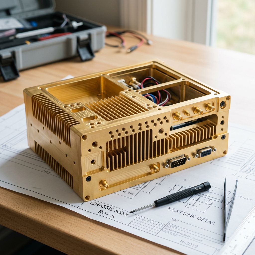 A complex machined electronic enclosure chassis made of gold-plated aluminum on a blueprint.