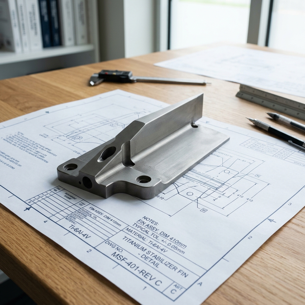 A machined missile stabilizer fin part made of titanium sitting on a blueprint.