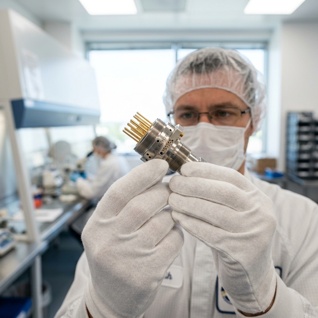 A quality control inspector holding a small machined aerospace connector piece up to the light in a cleanroom.