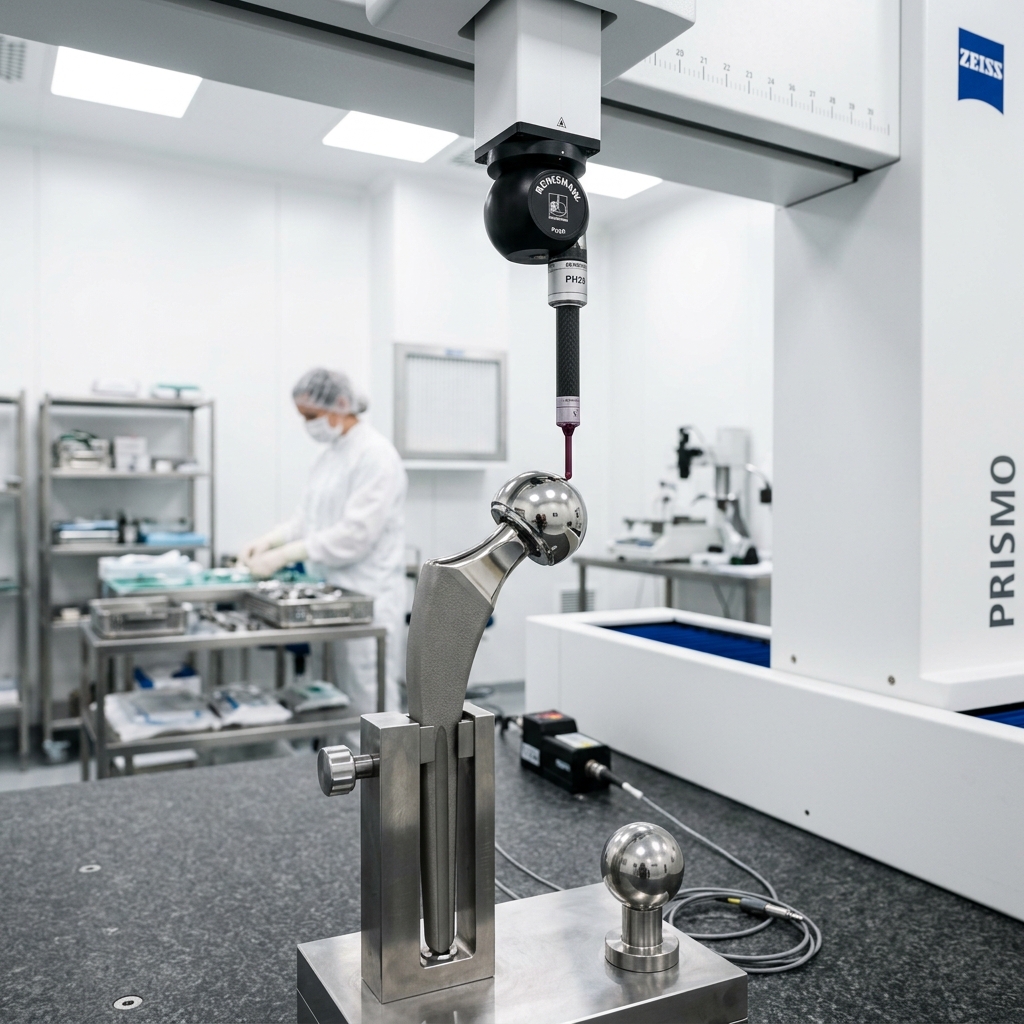 A high-precision CMM probe measuring a medical-grade titanium orthopedic joint implant in a white cleanroom environment.