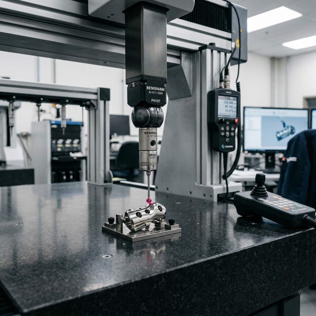 Coordinate measuring machine ruby-tipped probe measuring a metal medical implant on a black granite plate.
