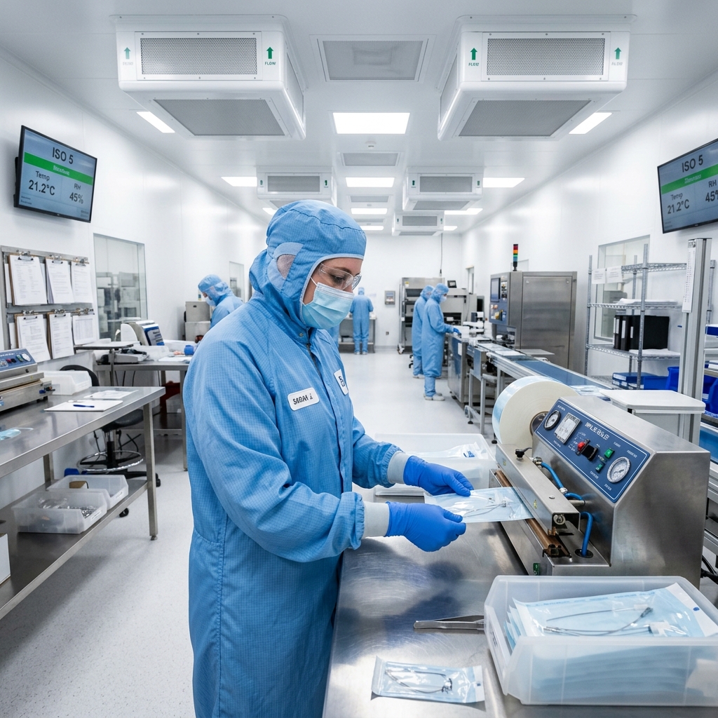 Worker in a blue cleanroom gown sealing sterile medical parts in clear packaging.
