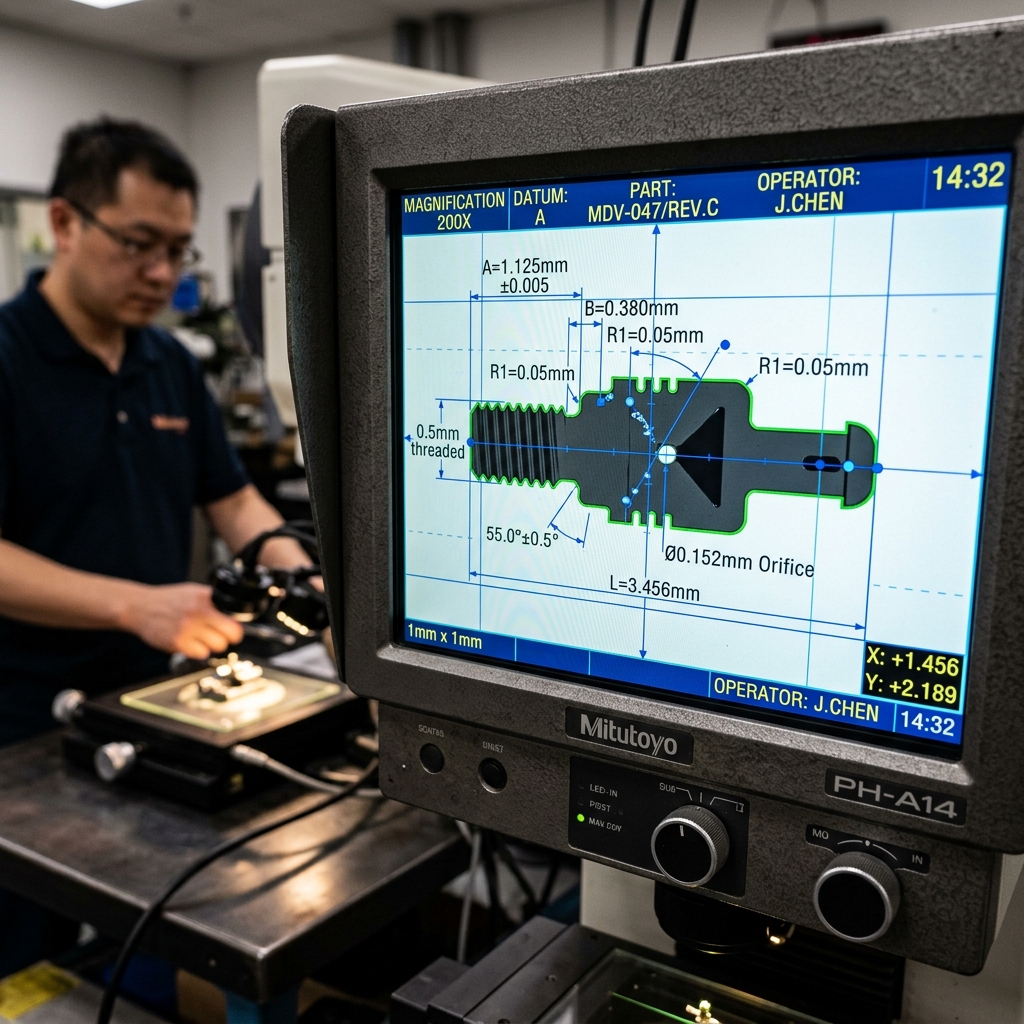 Digital optical comparator screen showing a highly magnified profile of a micro-machined medical valve.