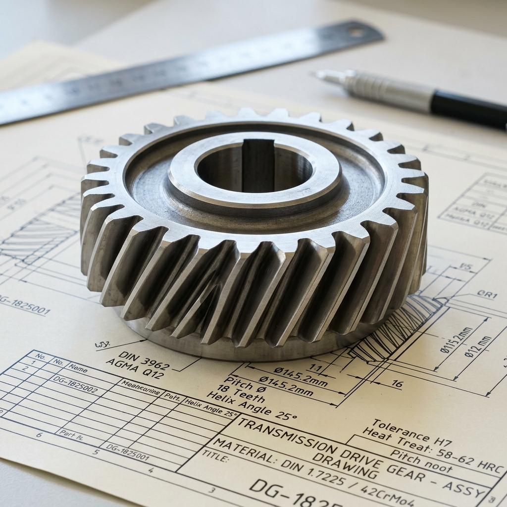 A close-up photograph of a precision helical gear part resting on a blueprint.