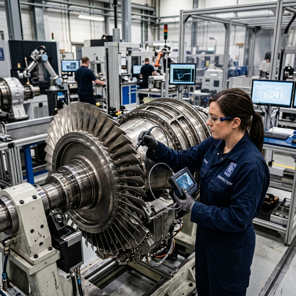 Realistic photograph of a jet engine component being inspected in a high-tech aerospace manufacturing facility.