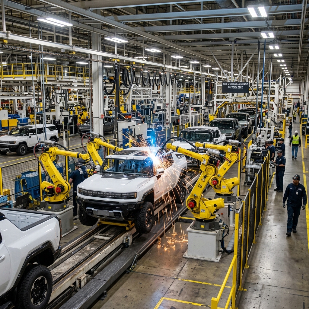 Automotive assembly line with robotic arms installing vehicle components