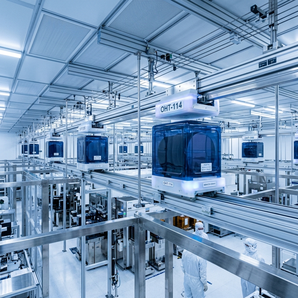 Automated overhead wafer transport system tracks carrying clean pods inside an ISO Class 4 wafer fab.
