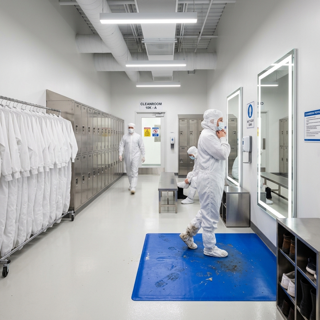 Cleanroom gowning area showing lockers, mirrors, cleanroom bunnysuits, and sticky mats.