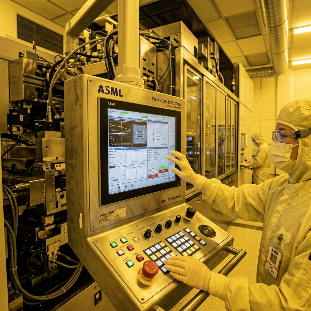 High-end lithography machine interface panel inside a modern semiconductor fabrication cleanroom.