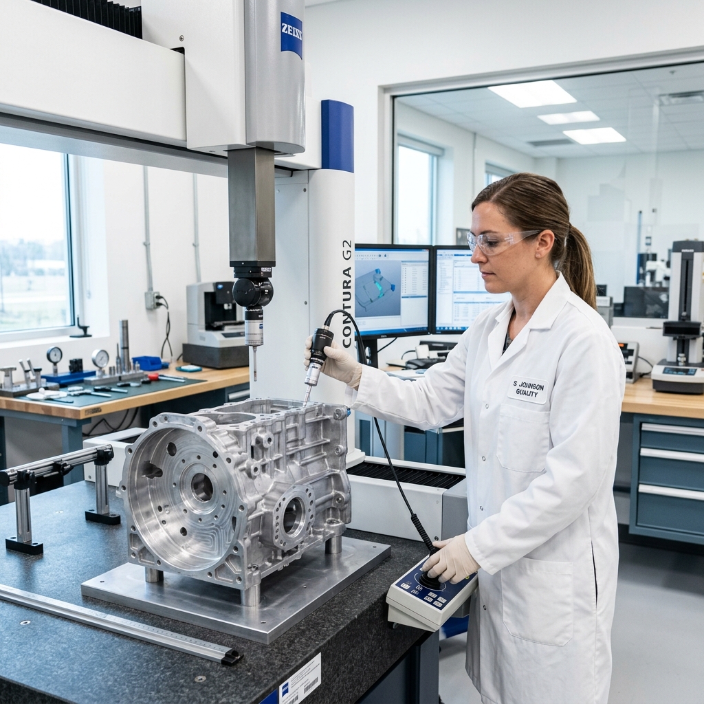 Quality inspector in a white lab coat using a coordinate measuring machine to verify dimensions on a large machined metal part in a clean, well-lit inspection room