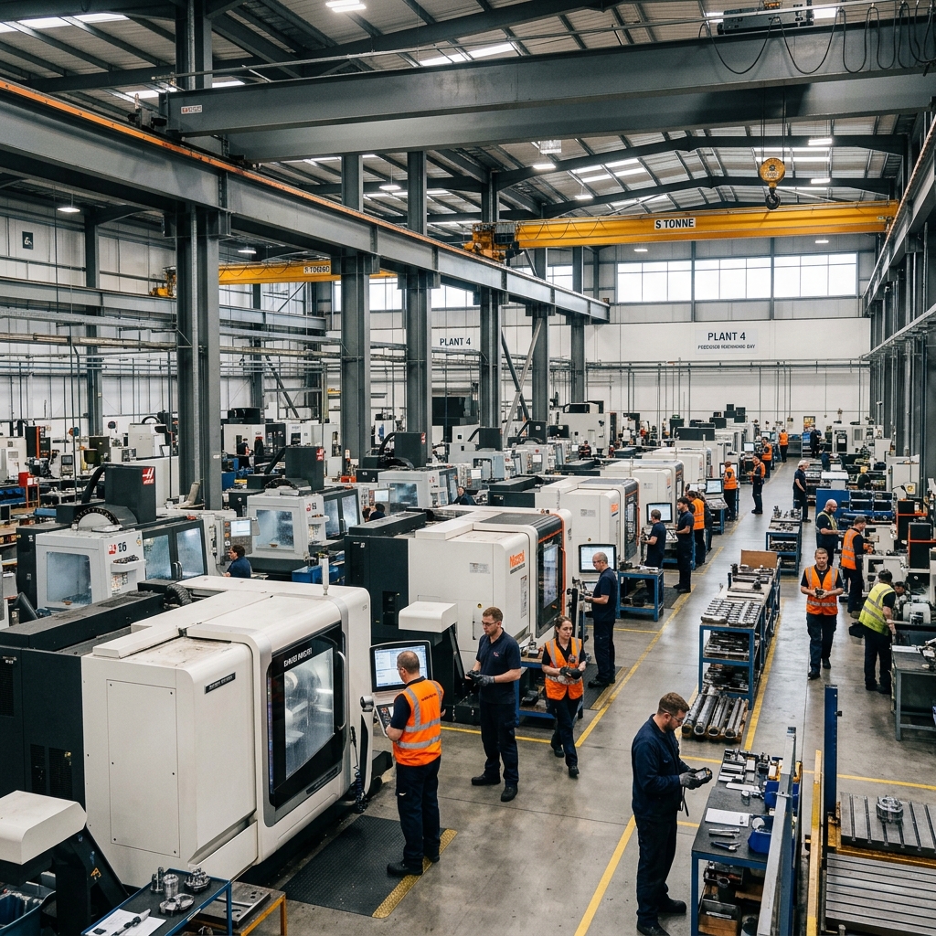 Wide view of a manufacturing floor with multiple CNC machines arranged in rows, workers in safety vests monitoring operations, and overhead cranes visible