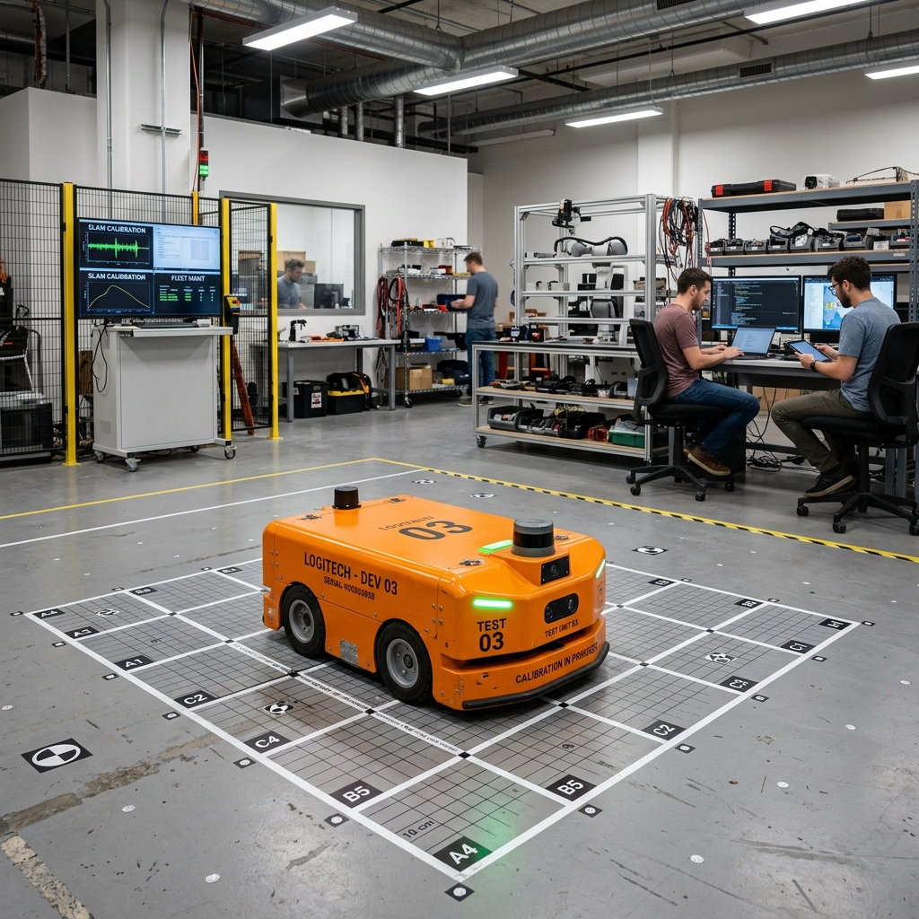 Sleek orange drive robot parked on a gray floor grid with calibration markers in a robotics lab.