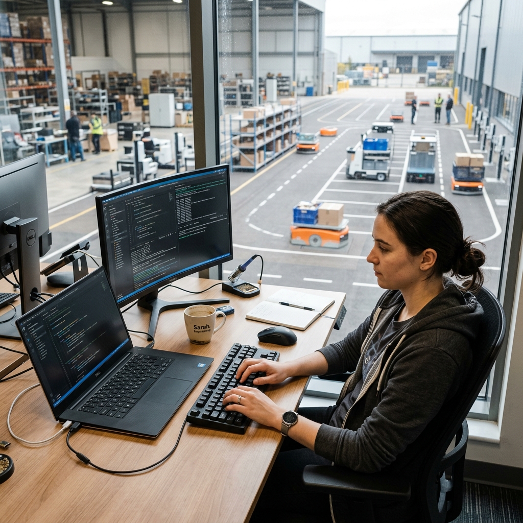 Software engineer at a desk with a laptop next to a window overlooking a logistics robot test track.
