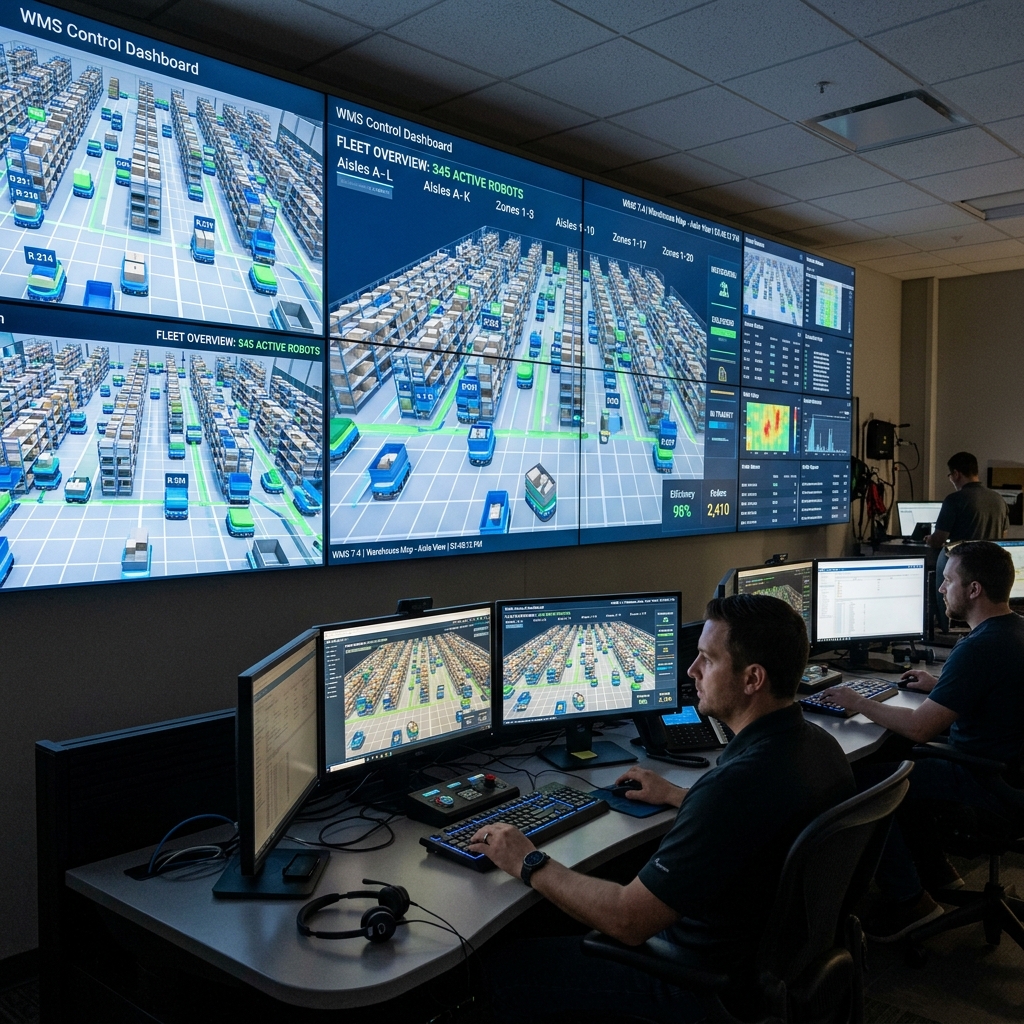 Warehouse management control room with screens showing real-time 3D maps of a robot fleet.