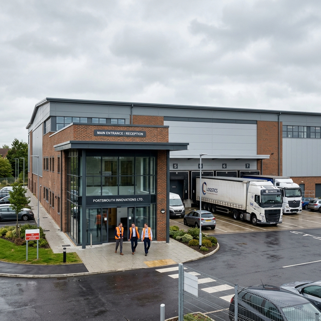 Large industrial building exterior with delivery trucks at loading docks and employees entering through main entrance