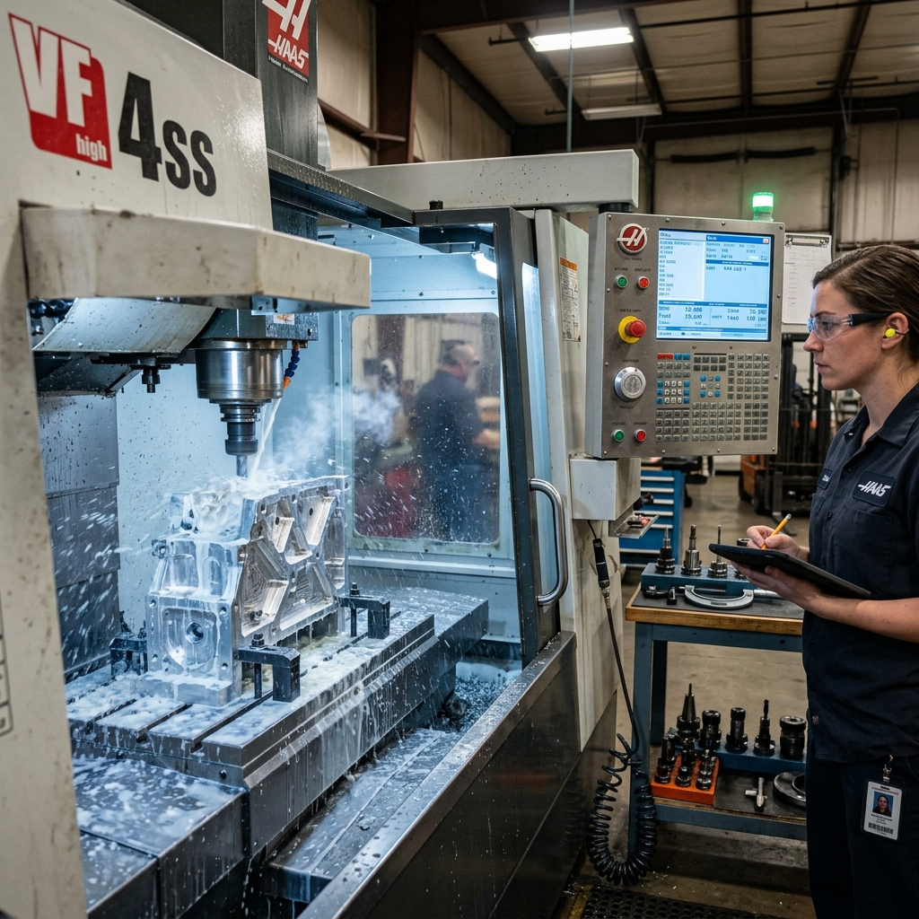 Precision machining center cutting metal housing component with coolant spray and operator monitoring touchscreen control panel