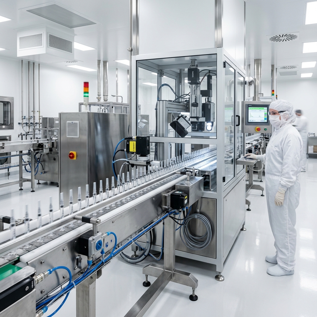 Sterile glass syringes on automated inspection line in pharmaceutical cleanroom facility