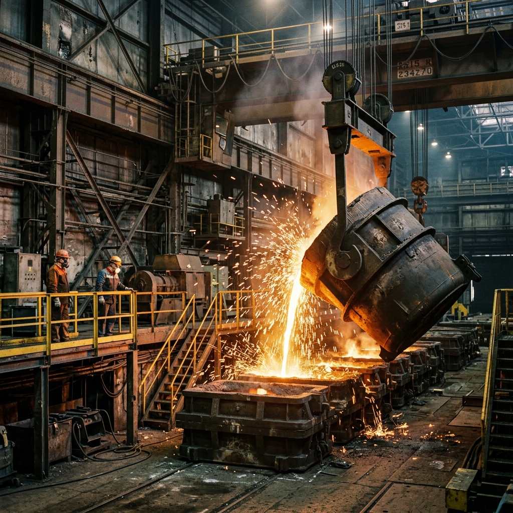 Industrial steel smelting facility with molten metal pouring into ingot molds under overhead crane systems