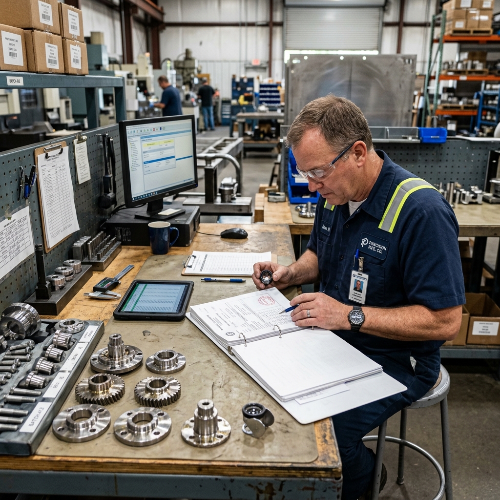 Manufacturing quality control inspector examining steel component certifications and traceability documents at factory workstation