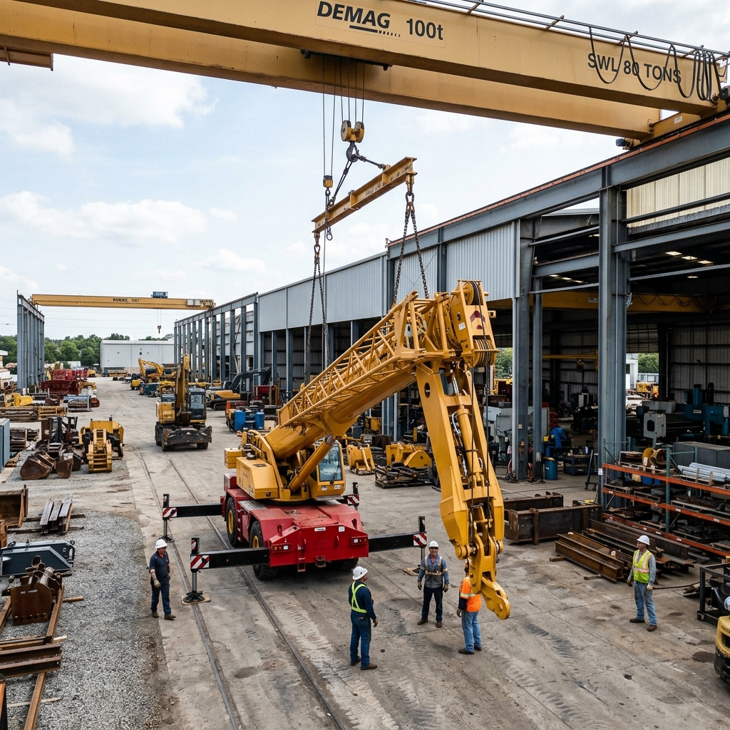 Mobile crane boom section being lifted into assembly position in outdoor heavy equipment manufacturing yard