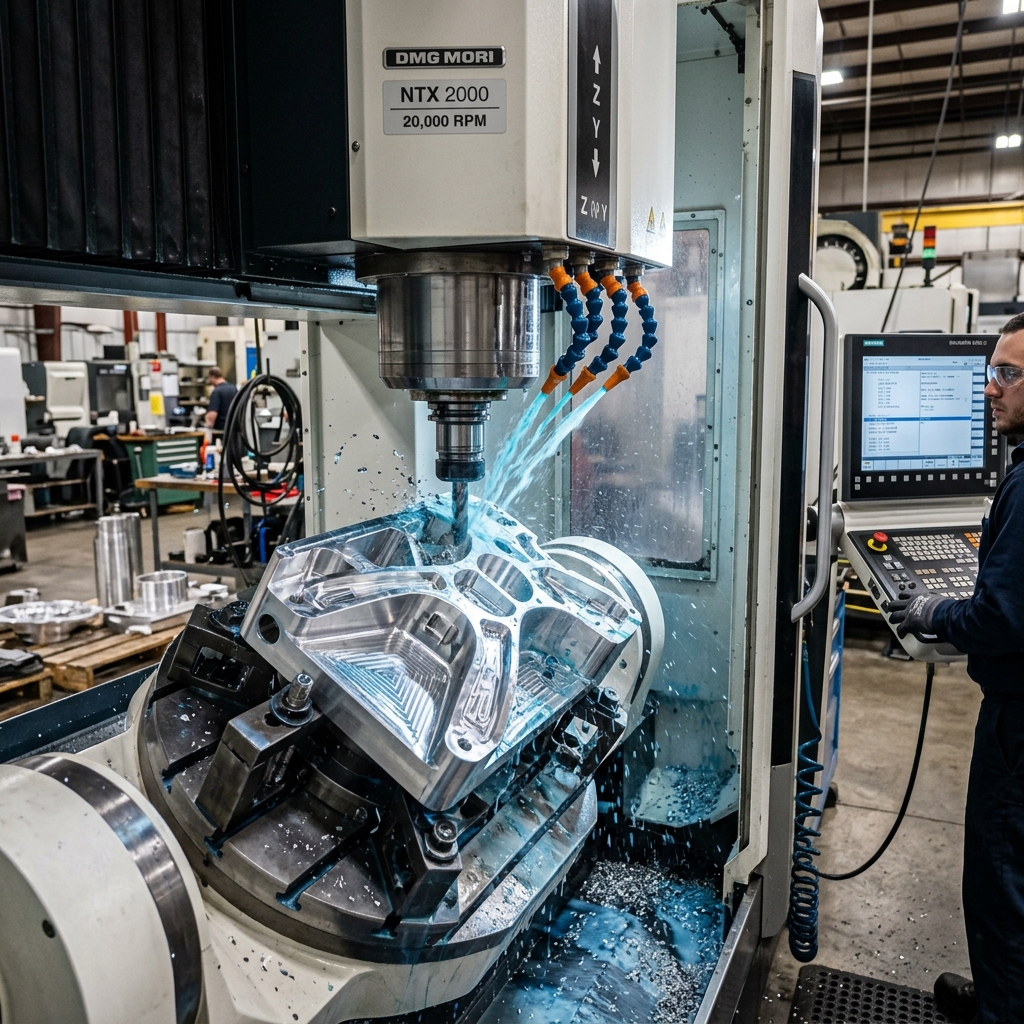 CNC machining center cutting aluminum aerospace component with coolant system in precision manufacturing facility