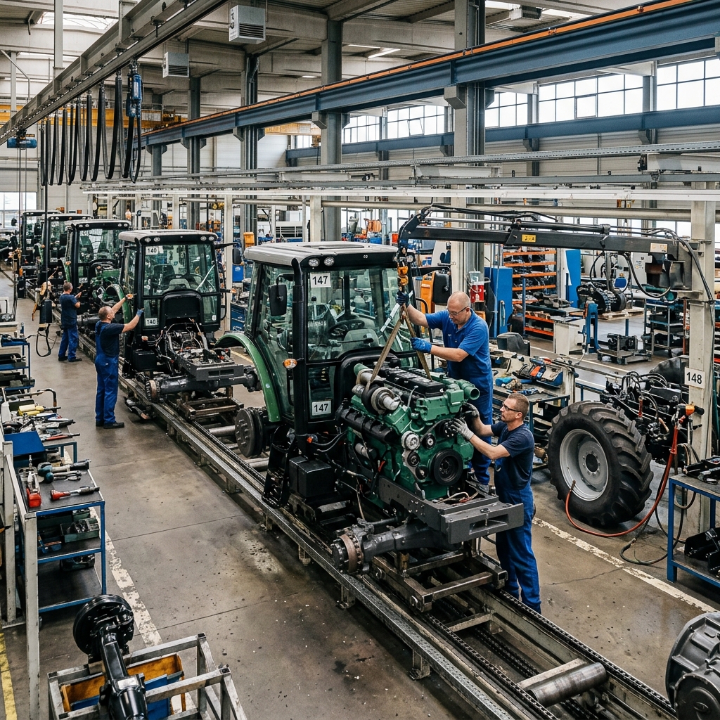 Agricultural tractor assembly line with partially completed machines moving through automated production stations