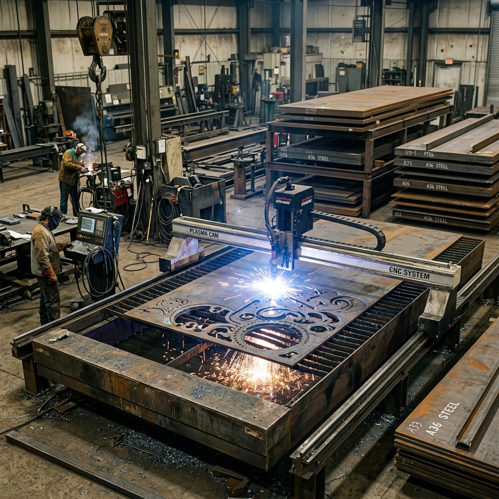 Steel plate cutting operation with plasma torch in fabrication shop, with stacked metal inventory visible in background