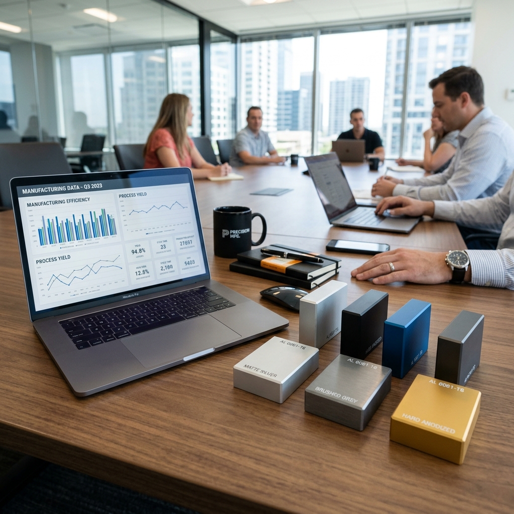 Realistic photograph of a professional office desk with clean anodized aluminum block samples, a laptop showing high-efficiency manufacturing charts.