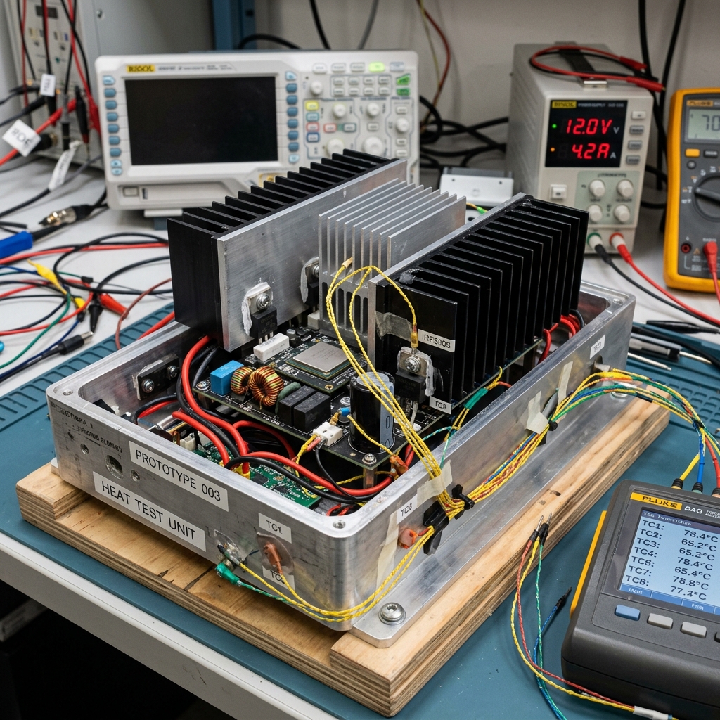 Prototype electronics enclosure with aluminum heat sinks and wire probes for thermal testing.