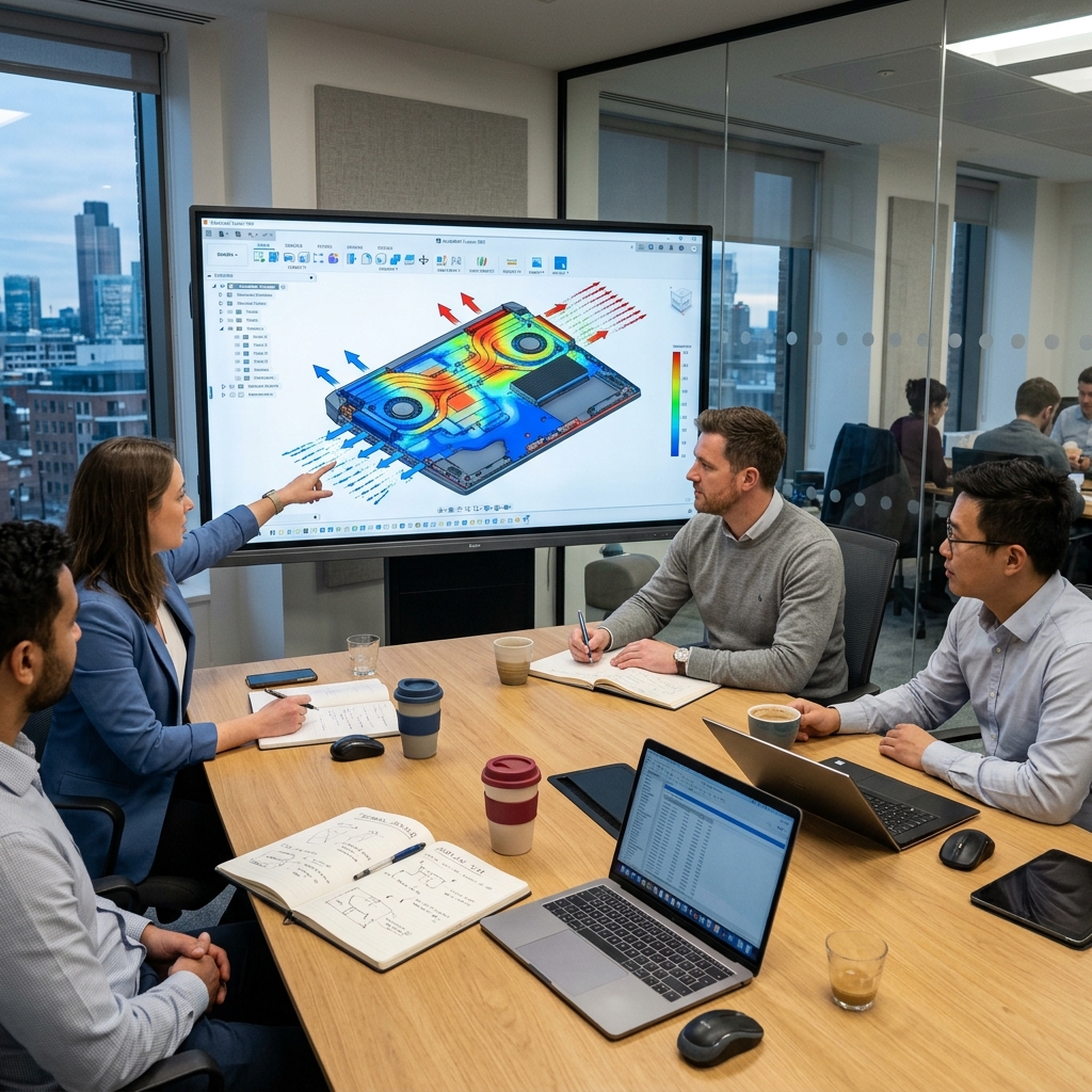 Meeting room screen showing a 3D CAD model of an electronic device's cooling airflow simulation.