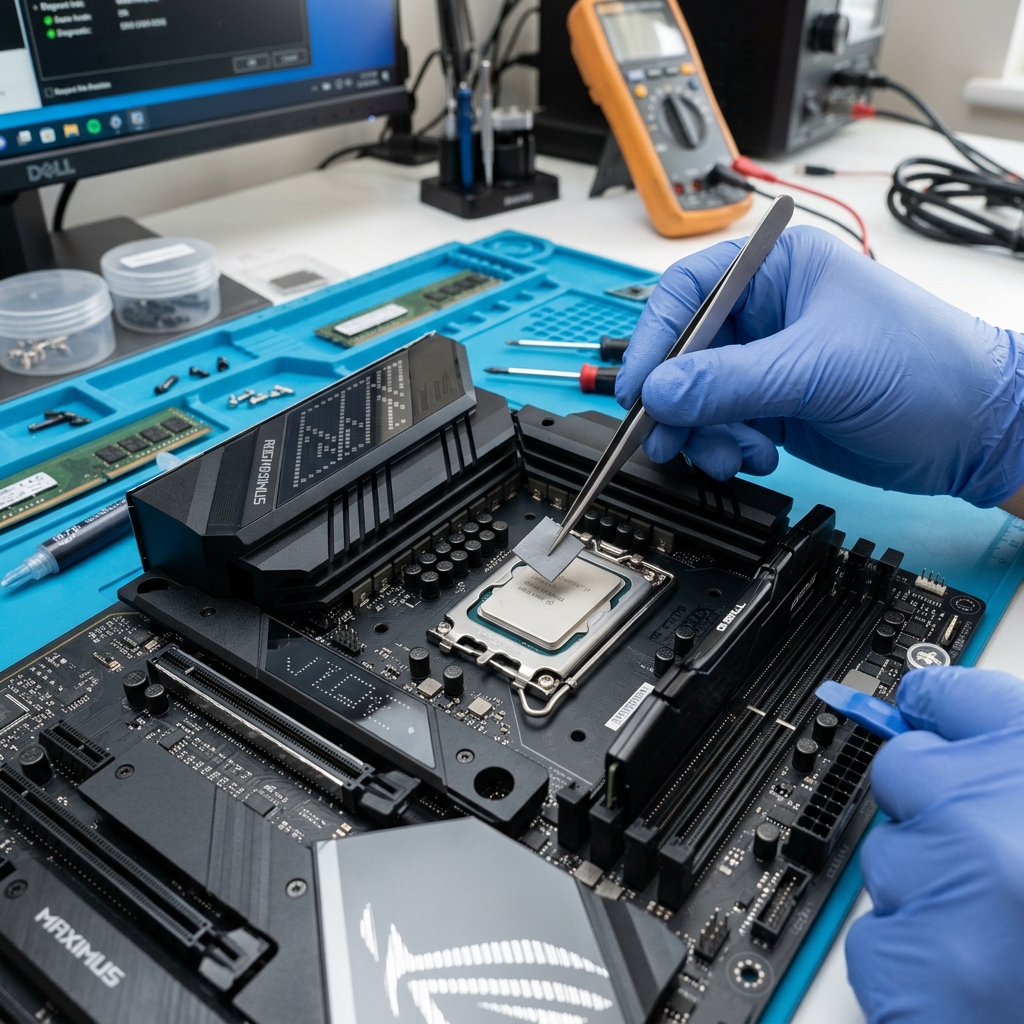Technician's hands applying a thermal interface pad onto a processor chip on a motherboard.