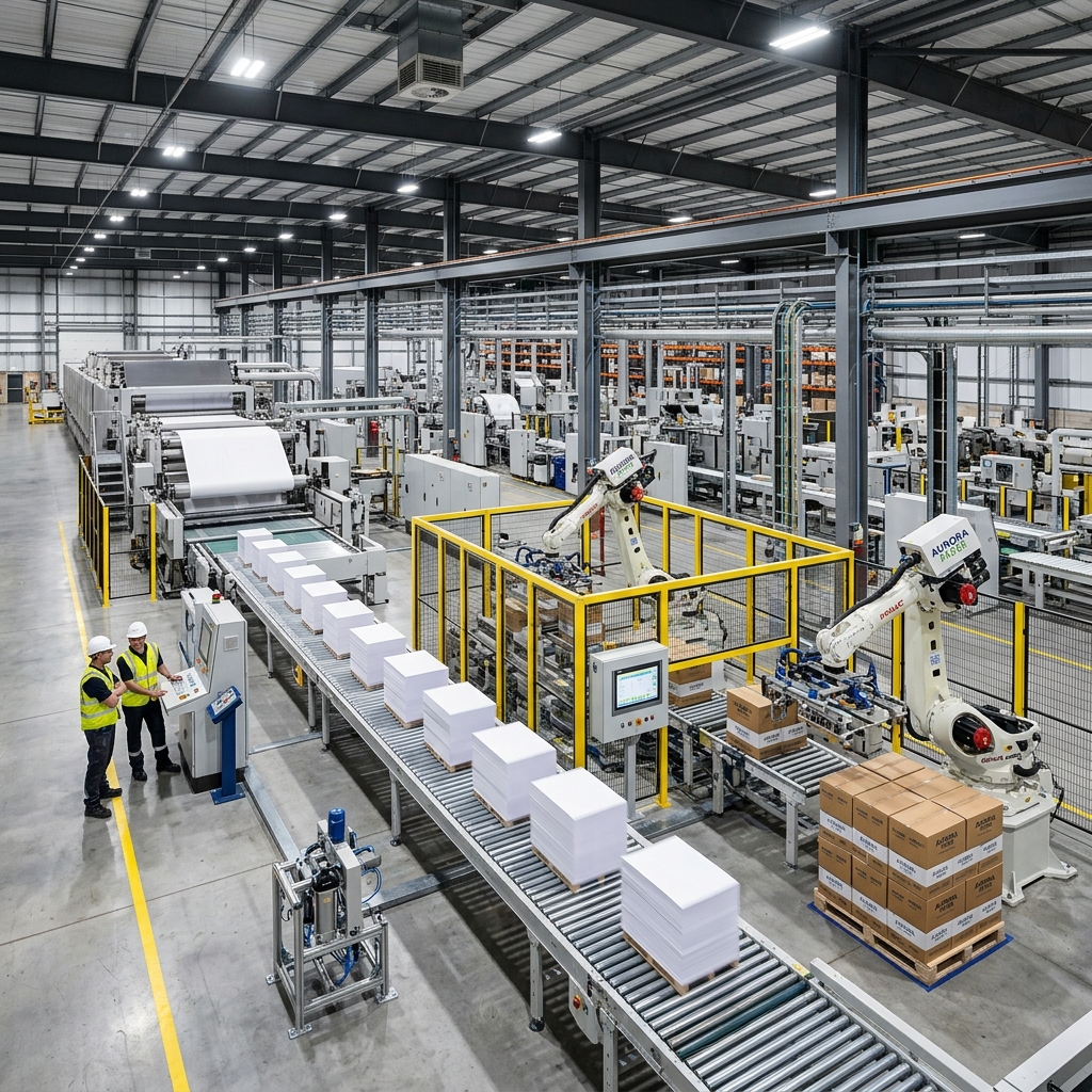 Large-scale tissue manufacturing facility with automated material handling systems and warehousing infrastructure