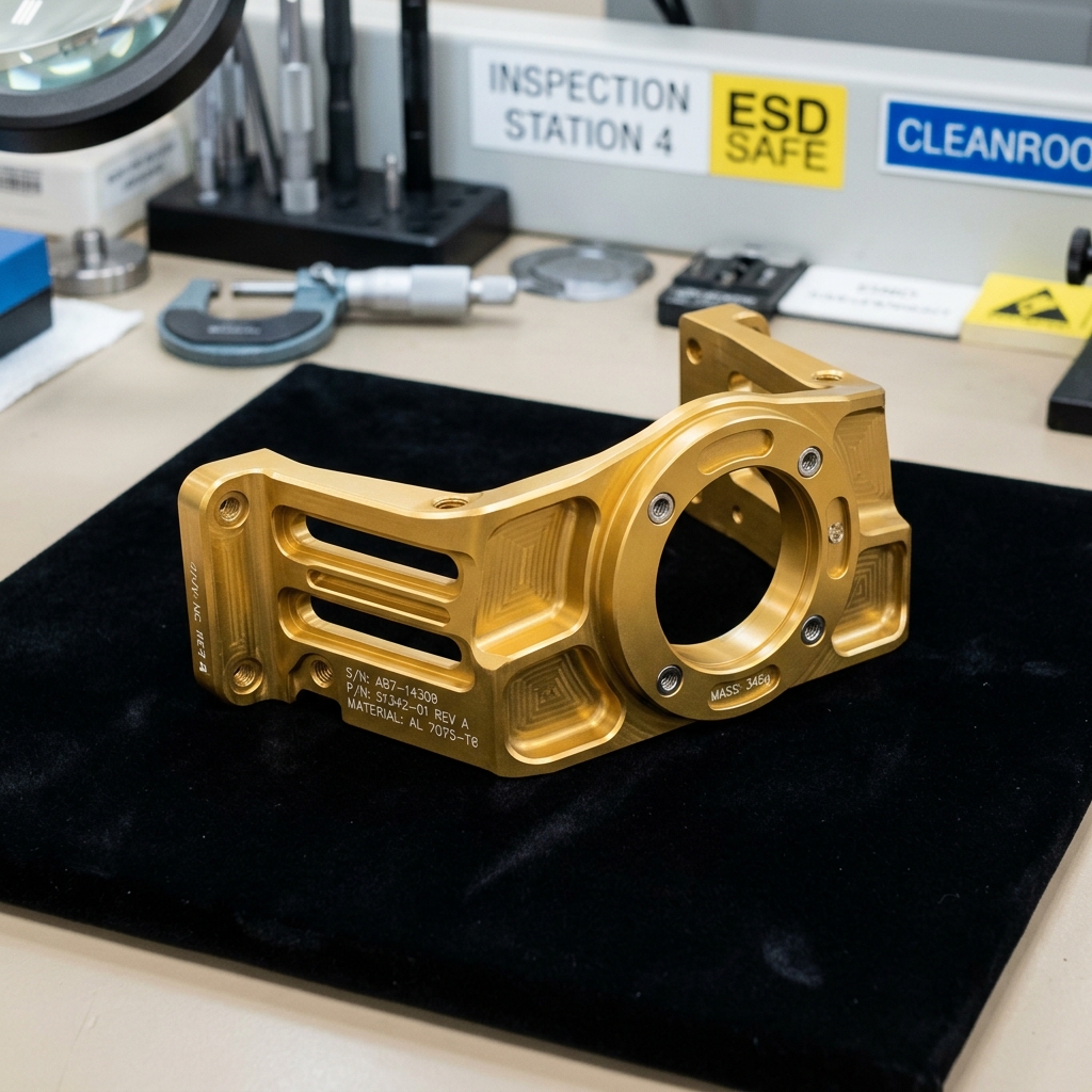 A custom aerospace satellite mounting bracket machined from gold-anodized aluminum 7075-T6, sitting on a black velvet inspection table.