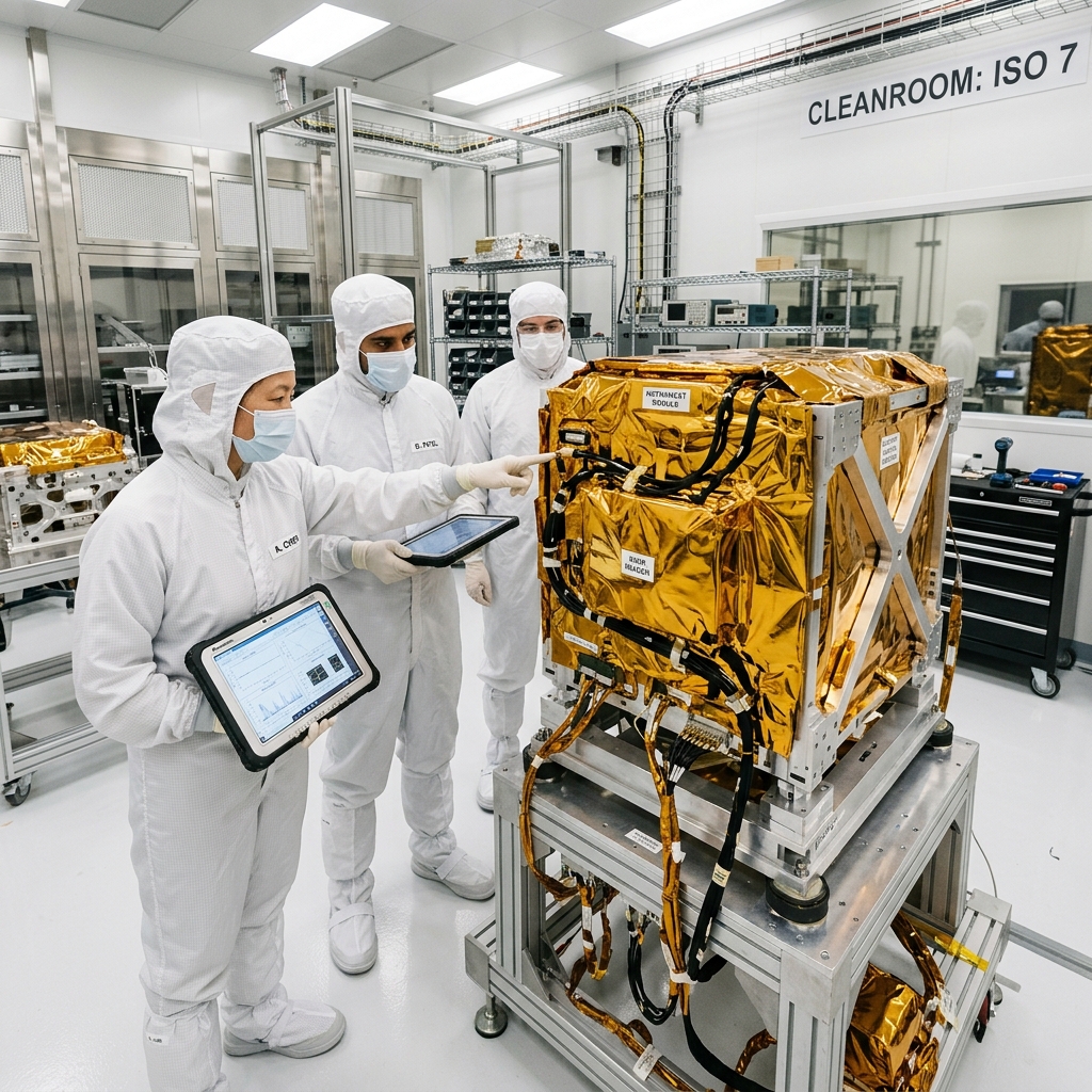 Gold foil-wrapped spacecraft instrument module being inspected by engineers in a cleanroom.