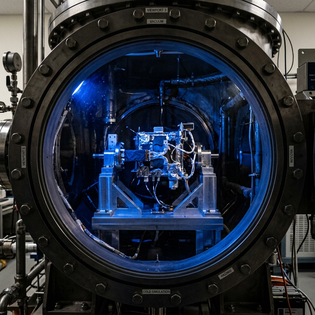Vacuum chamber portal window showing a spacecraft component mounted under blue simulation lights.