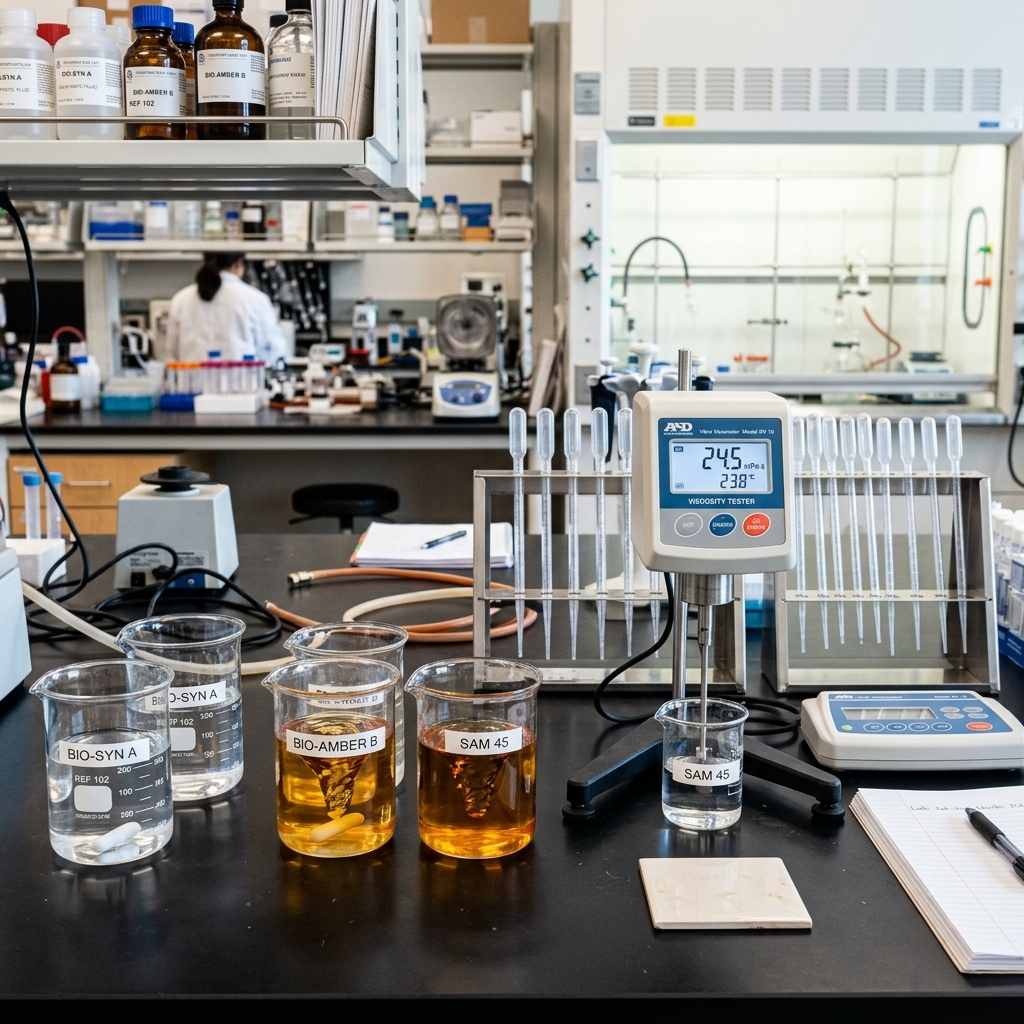 Chemistry laboratory bench showing beakers with bio-synthetic fluids and a digital viscosity tester.