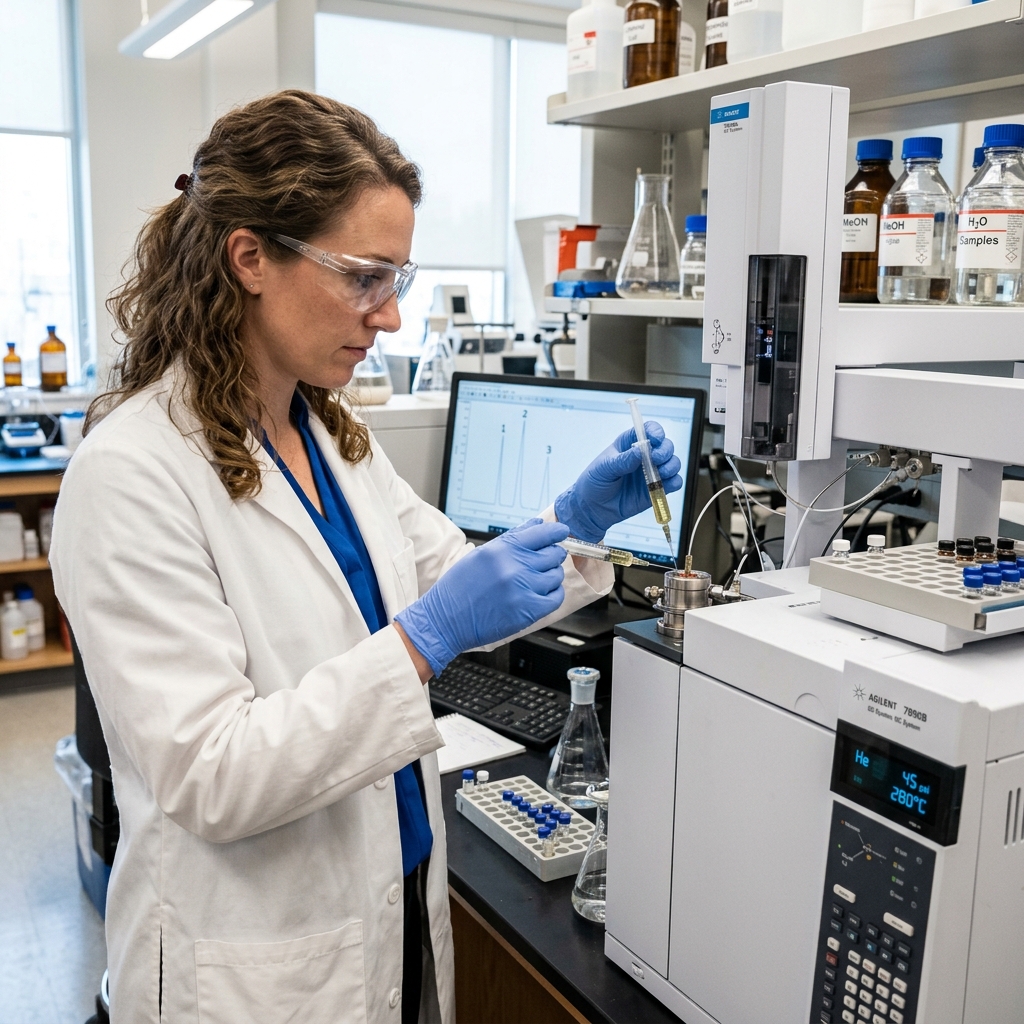 Research chemist in a white lab coat using a syringe to inject a liquid sample into an analyzer.