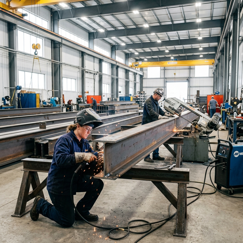 Realistic photograph of workers in a metal fabrication facility welding and cutting large structural steel beams.